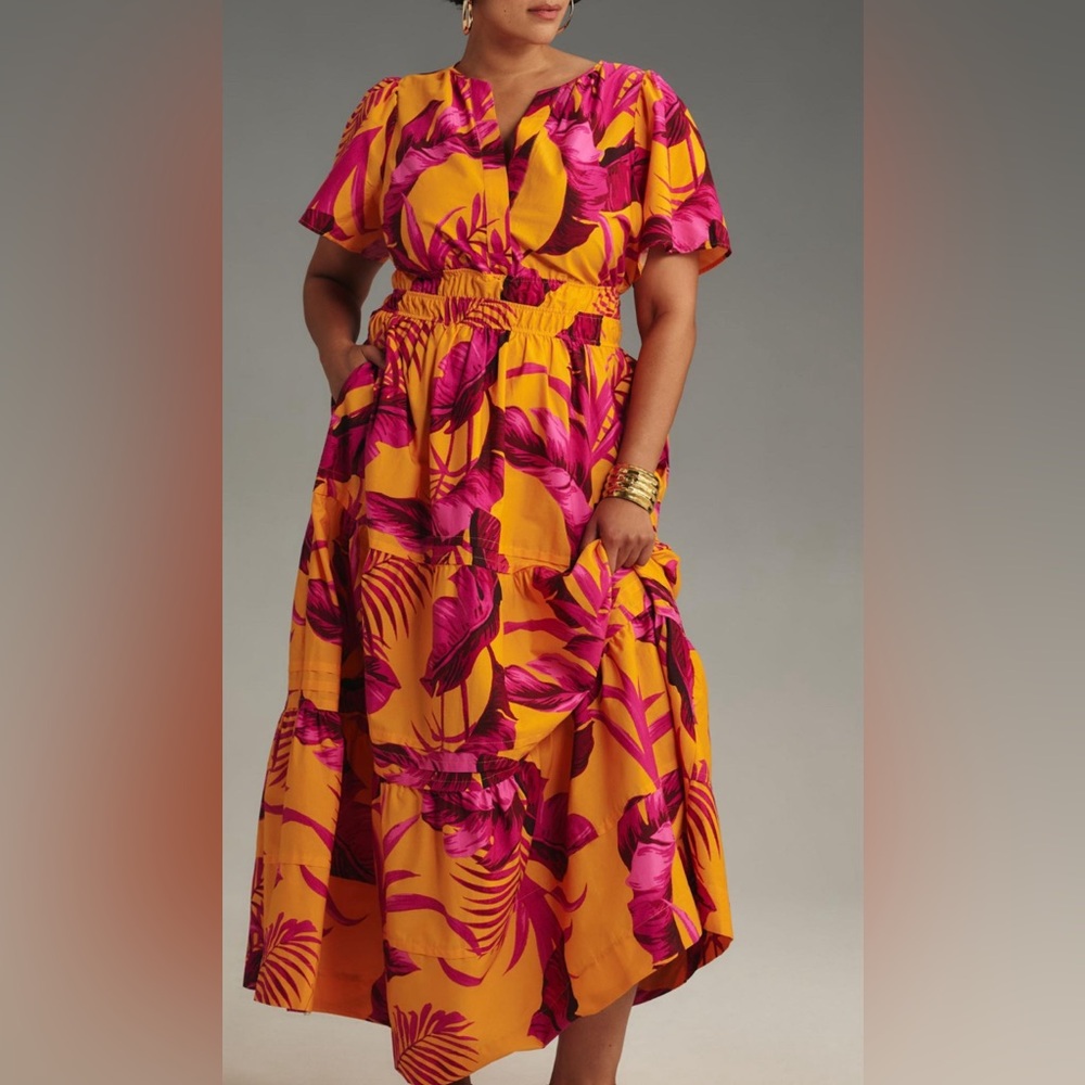 Anthropologie Vibrant Floral Maxi Dress - Orange and Pink